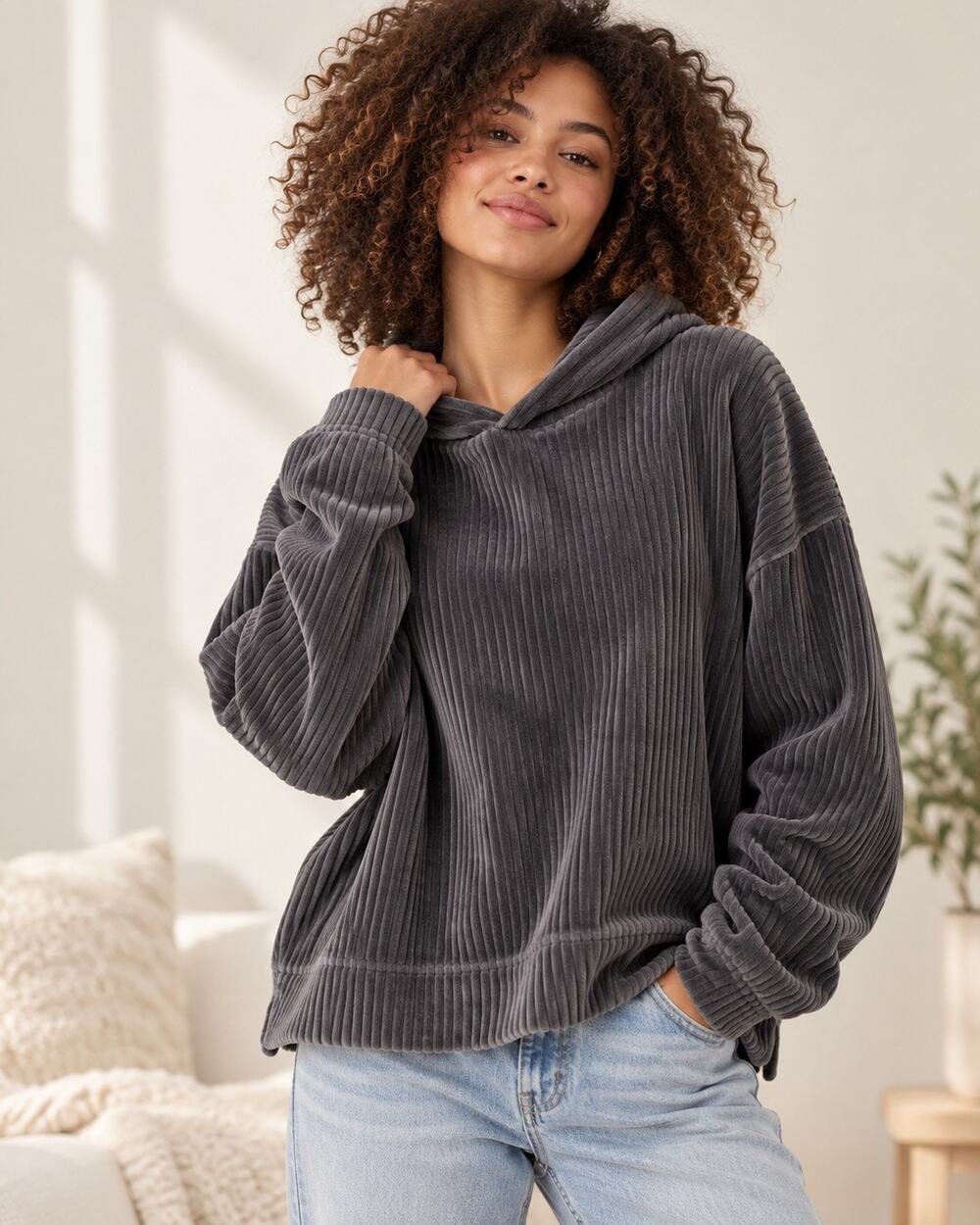 Aerie Y2K Velour Hoodie Small Charcoal Ribbed Oversized Cozy Lounge